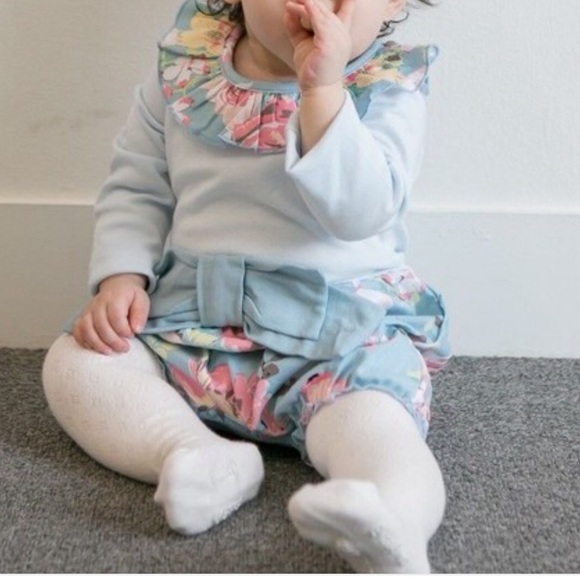 Floral Print Large Bow Long Sleeve Bubble Shorts Bodysuit - Picture 3 of 4